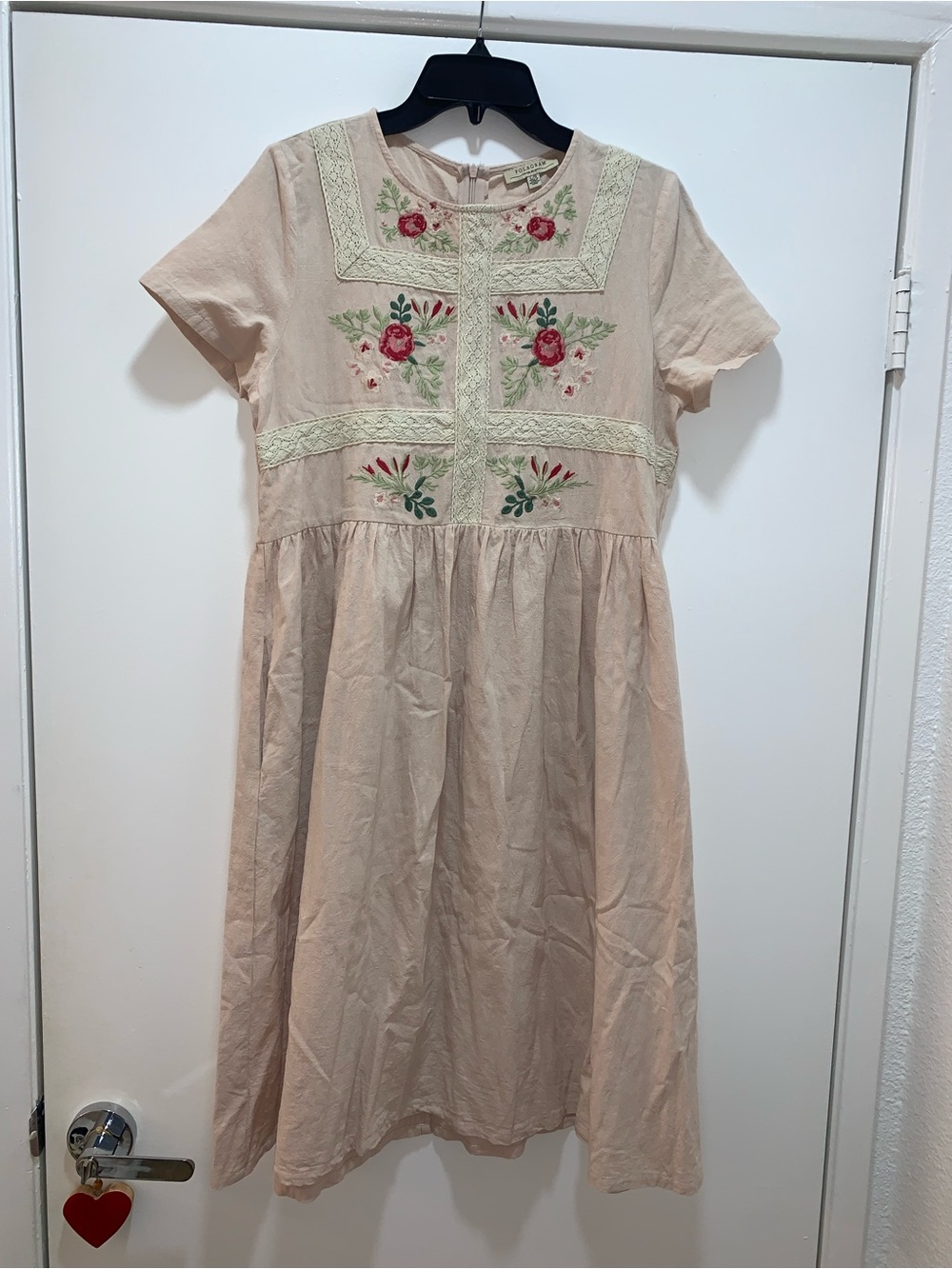 Polagram Beige Midi Dress with Floral Embroidery 100% Cotton